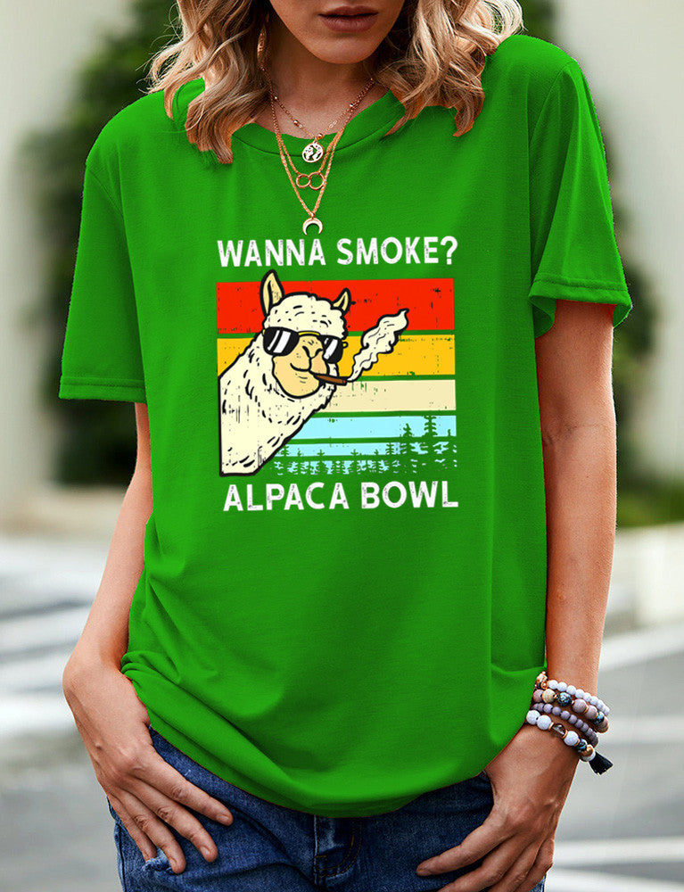 SMOKE ALPACA BOWL Casual Round Neck Short Sleeved Graphic Print Tee Shirt