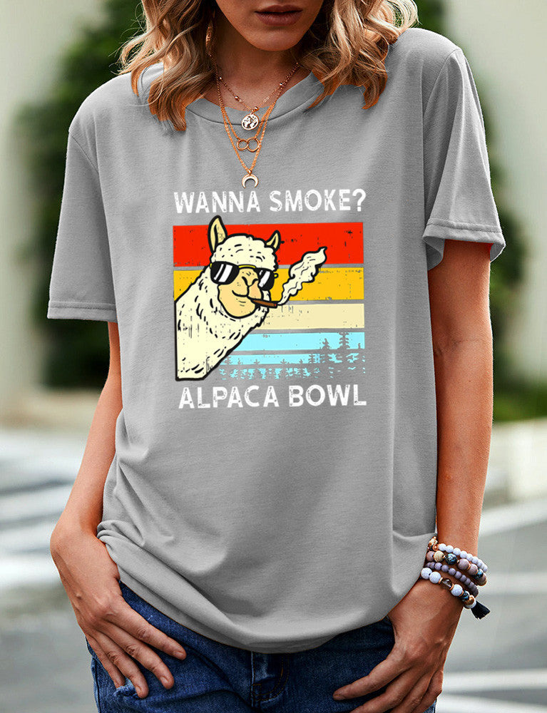 SMOKE ALPACA BOWL Casual Round Neck Short Sleeved Graphic Print Tee Shirt