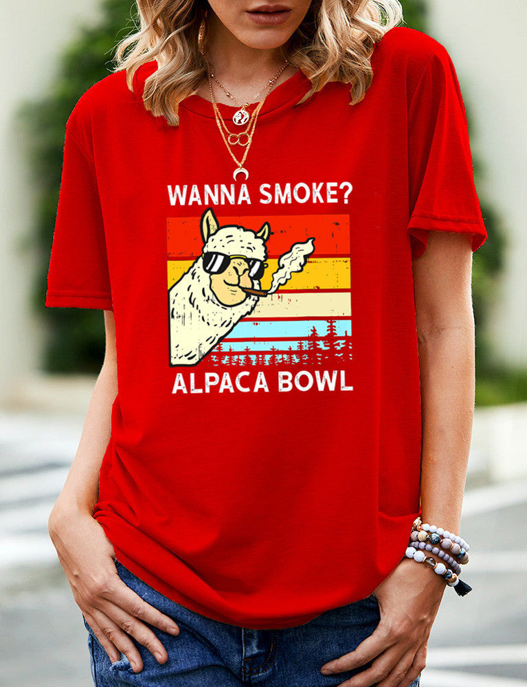 SMOKE ALPACA BOWL Casual Round Neck Short Sleeved Graphic Print Tee Shirt