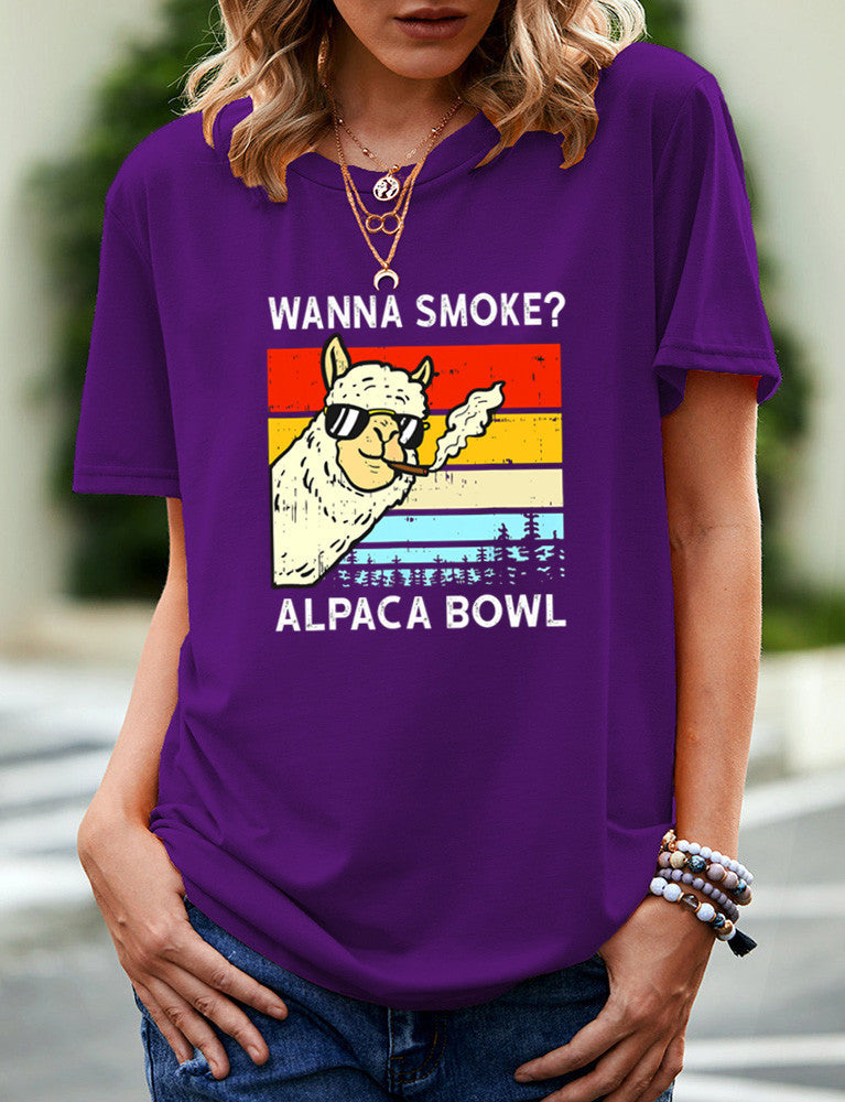 SMOKE ALPACA BOWL Casual Round Neck Short Sleeved Graphic Print Tee Shirt