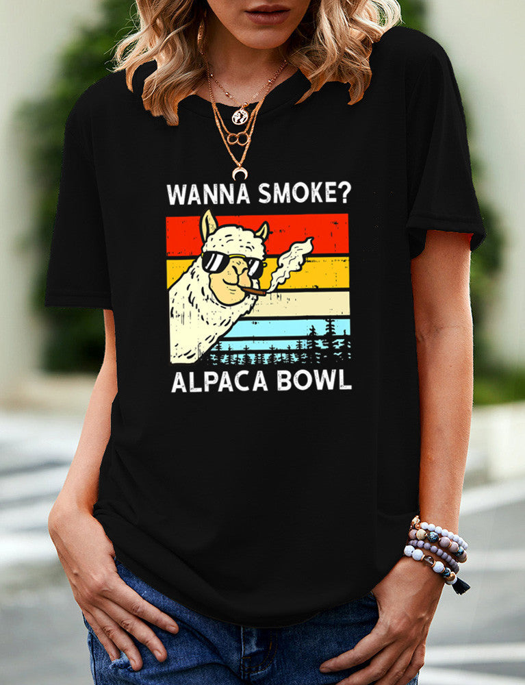 SMOKE ALPACA BOWL Casual Round Neck Short Sleeved Graphic Print Tee Shirt