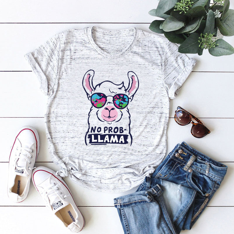 No Prob-Llama Round Neck Short Sleeved Graphic Print Tee Shirt