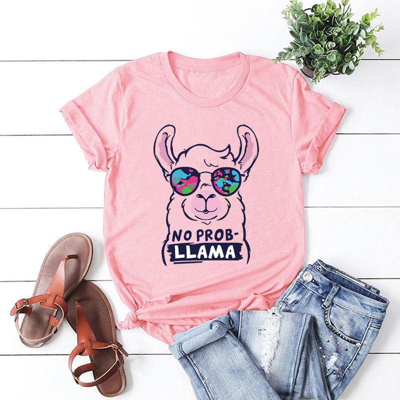 No Prob-Llama Round Neck Short Sleeved Graphic Print Tee Shirt