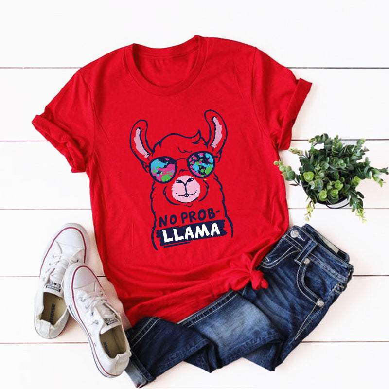 No Prob-Llama Round Neck Short Sleeved Graphic Print Tee Shirt