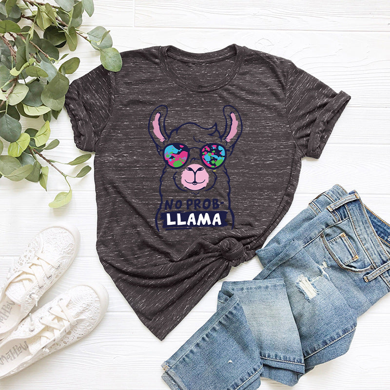 No Prob-Llama Round Neck Short Sleeved Graphic Print Tee Shirt