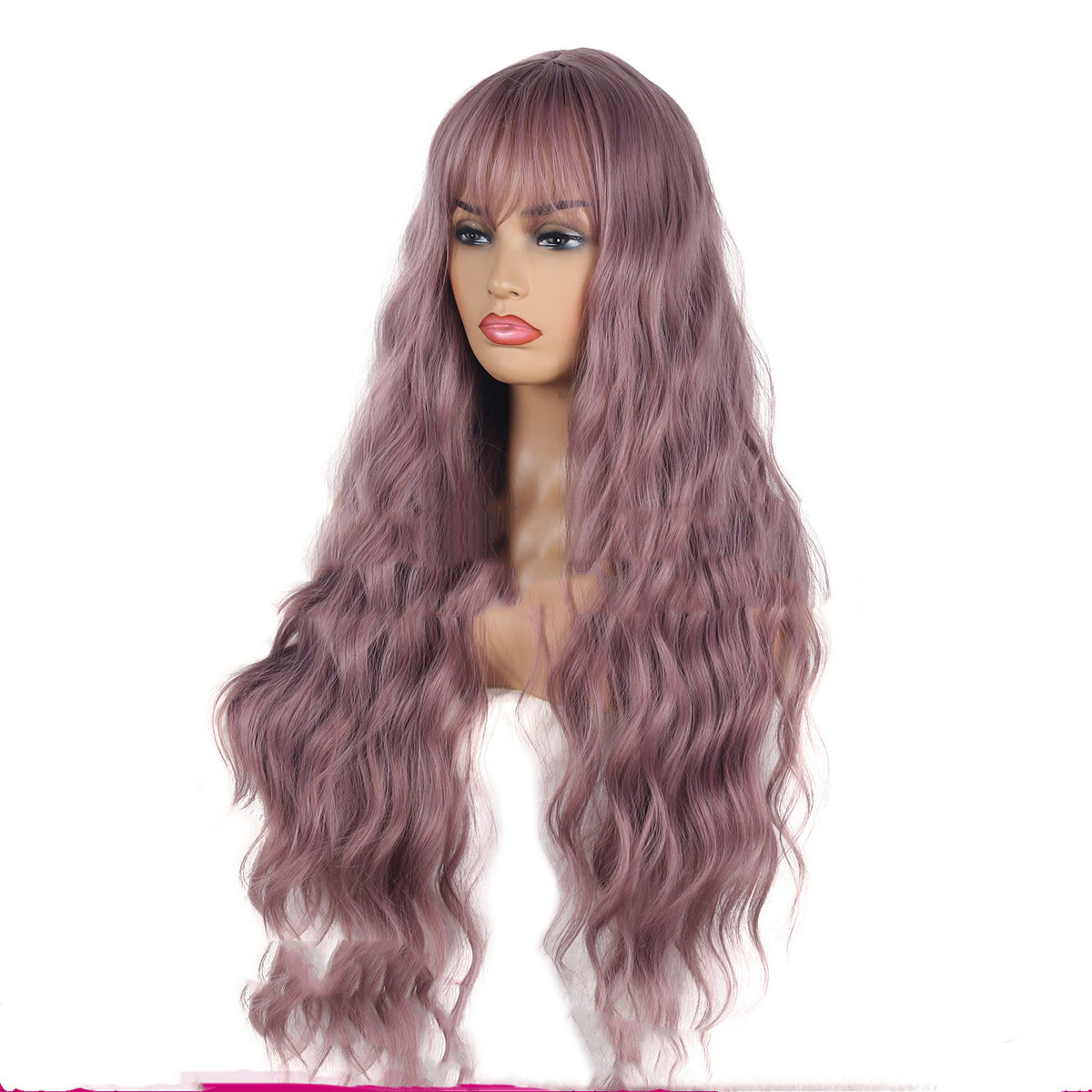 Rose Gold Dyed Hair Split Bangs Long Length Wavy Chemical Fiber Cosplay Wig