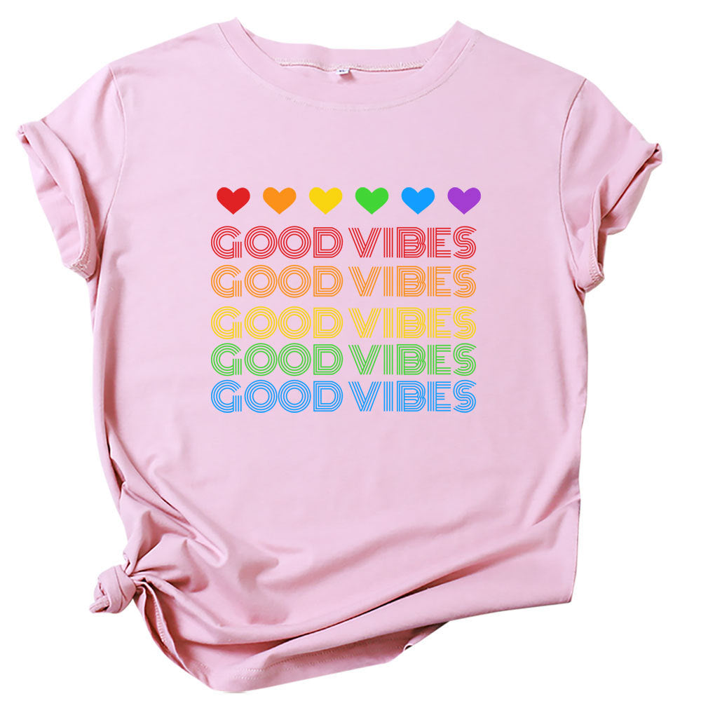 Rainbow Good Vibes Casual Round Neck Short Sleeved Graphic Print Tee Shirt