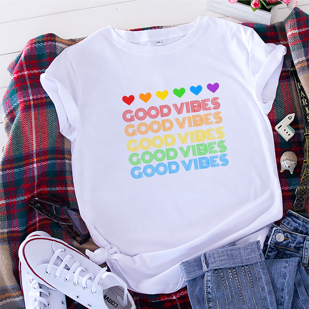 Rainbow Good Vibes Casual Round Neck Short Sleeved Graphic Print Tee Shirt