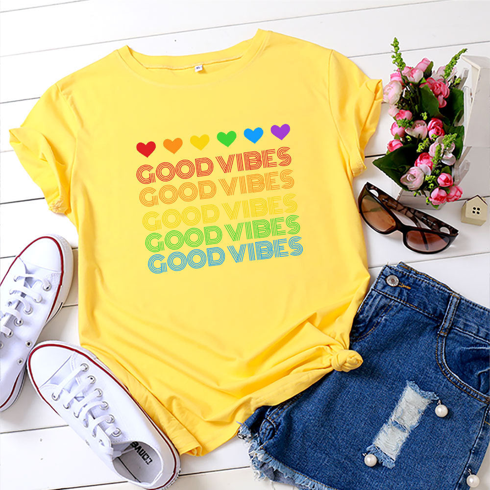 Rainbow Good Vibes Casual Round Neck Short Sleeved Graphic Print Tee Shirt