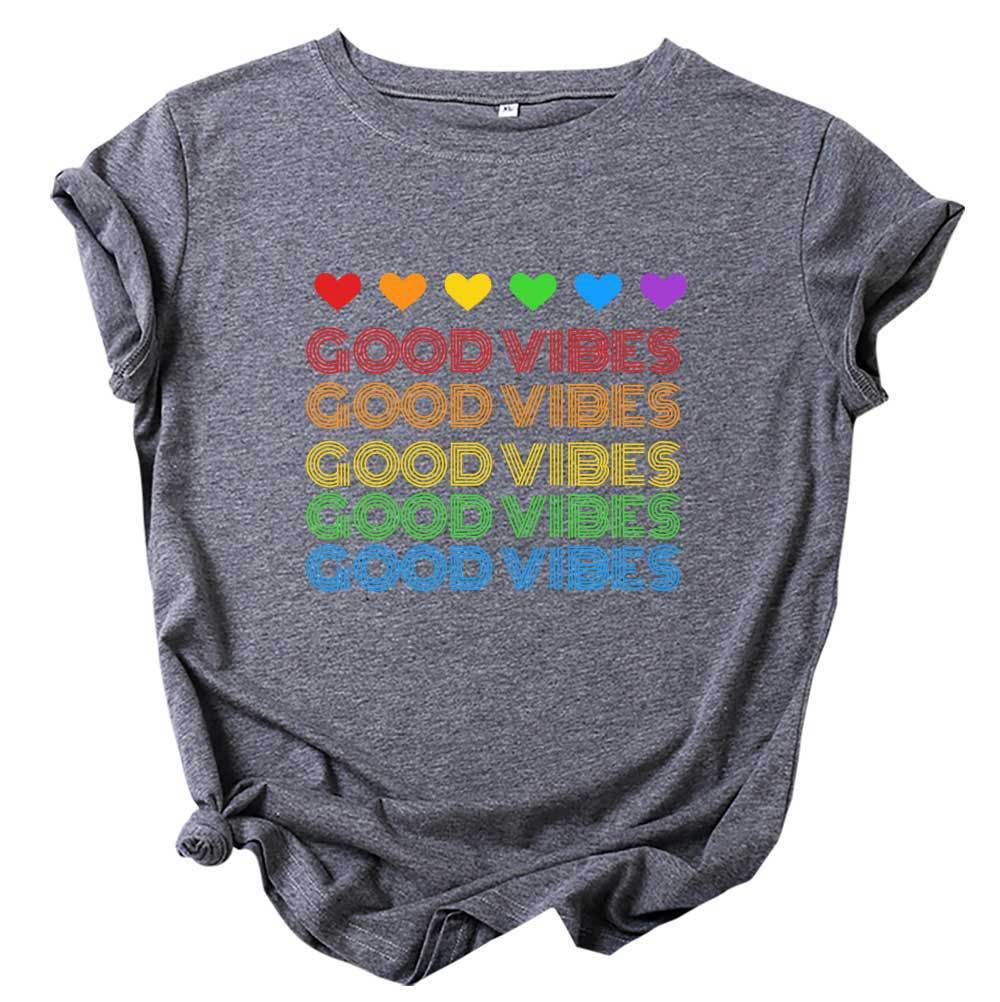 Rainbow Good Vibes Casual Round Neck Short Sleeved Graphic Print Tee Shirt