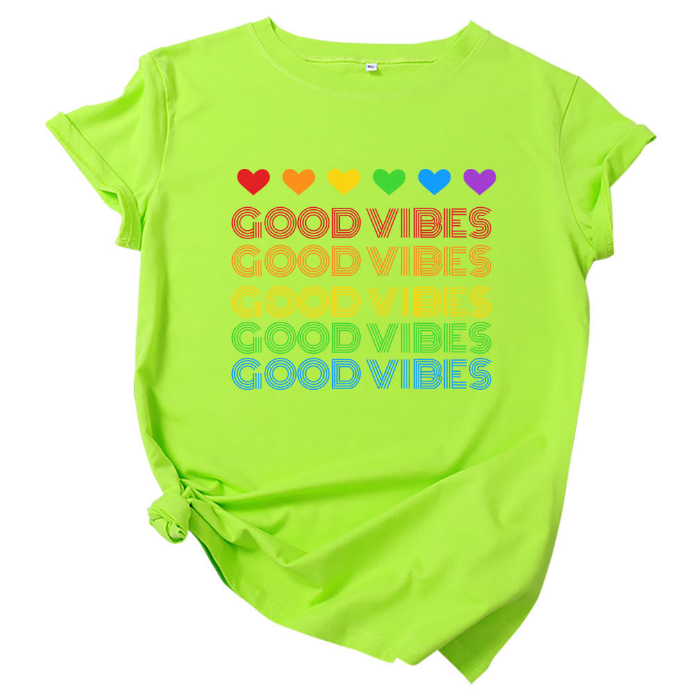 Rainbow Good Vibes Casual Round Neck Short Sleeved Graphic Print Tee Shirt