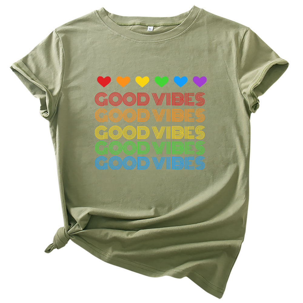 Rainbow Good Vibes Casual Round Neck Short Sleeved Graphic Print Tee Shirt