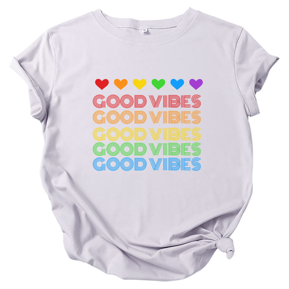 Rainbow Good Vibes Casual Round Neck Short Sleeved Graphic Print Tee Shirt