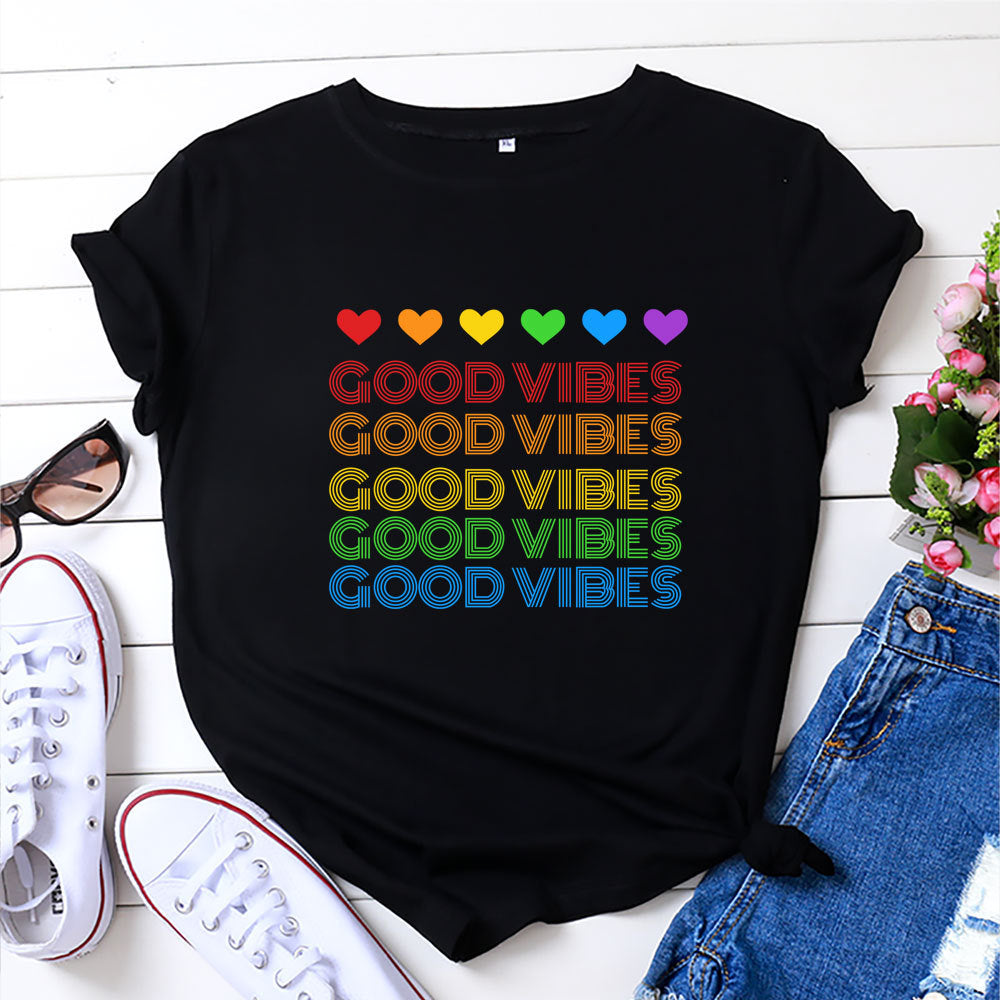 Rainbow Good Vibes Casual Round Neck Short Sleeved Graphic Print Tee Shirt