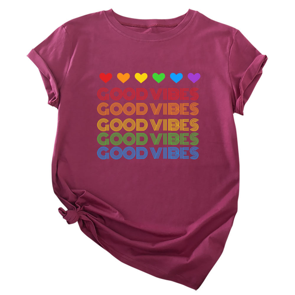 Rainbow Good Vibes Casual Round Neck Short Sleeved Graphic Print Tee Shirt