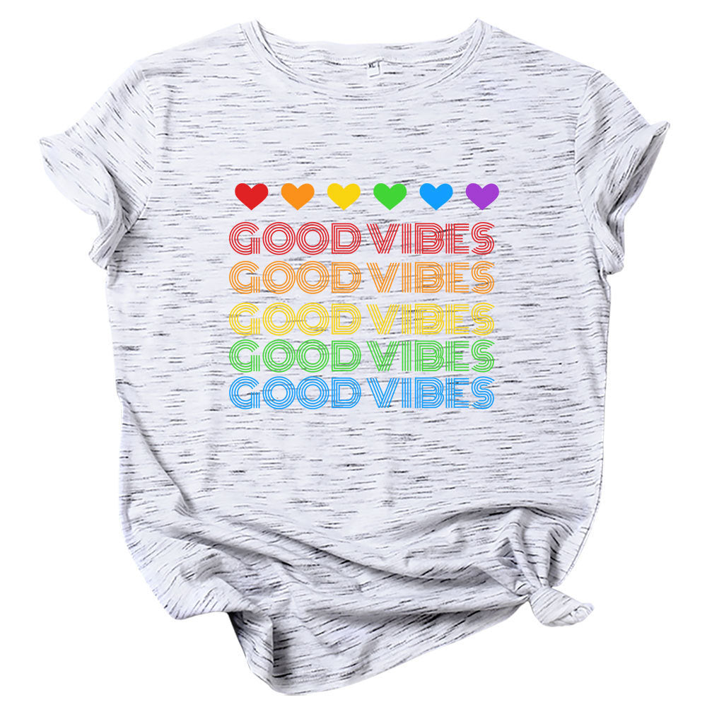 Rainbow Good Vibes Casual Round Neck Short Sleeved Graphic Print Tee Shirt