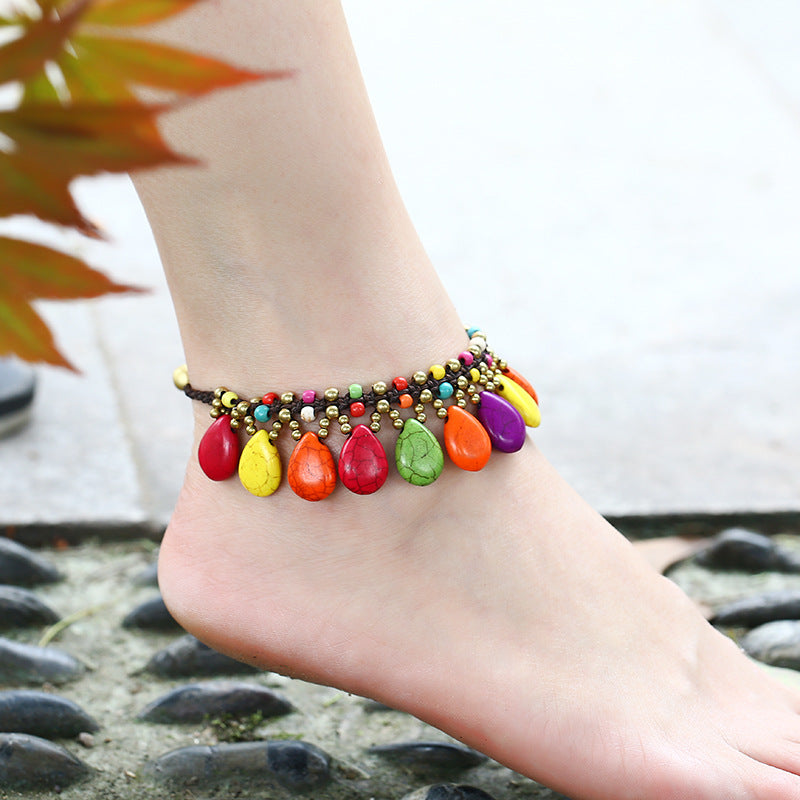 Jewelry Simple Fashion Bells Semi-Precious Stones Hand-Woven Retro Female Anklet