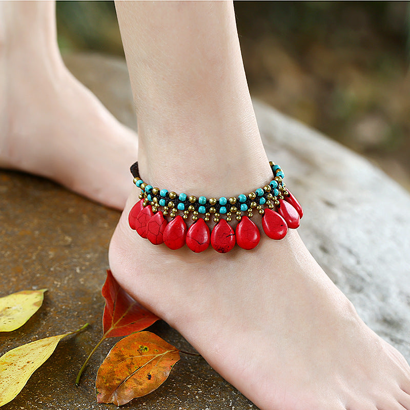 Jewelry Simple Fashion Bells Semi-Precious Stones Hand-Woven Retro Female Anklet