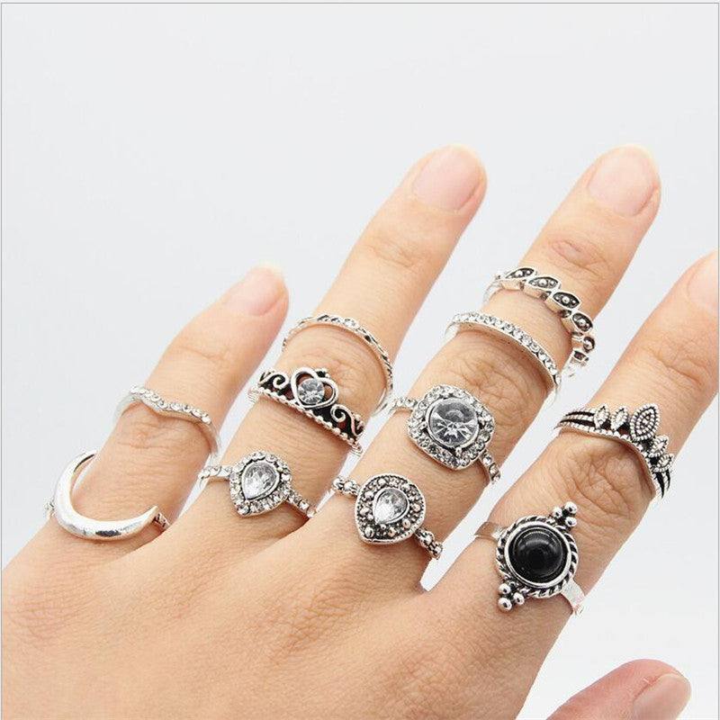 Vintage Jewelry Black Boho Gem Ring 11 Piece Set