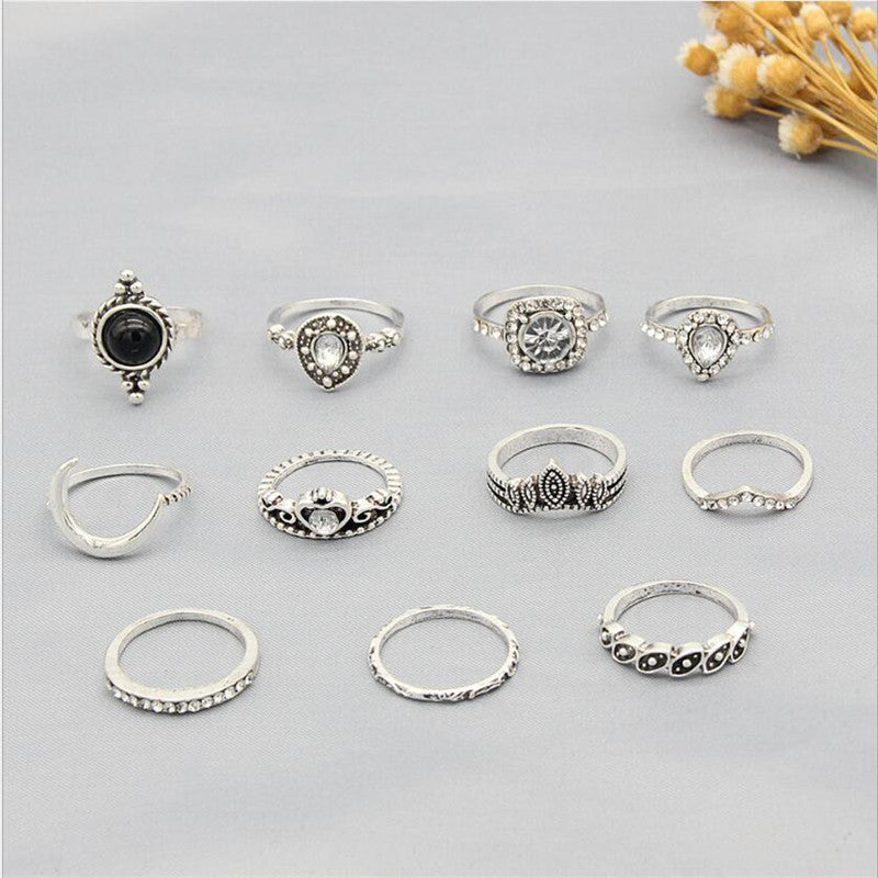 Vintage Jewelry Black Boho Gem Ring 11 Piece Set