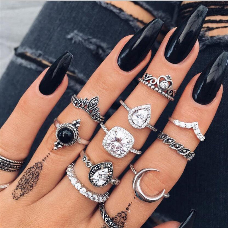 Vintage Jewelry Black Boho Gem Ring 11 Piece Set