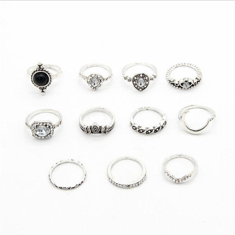 Vintage Jewelry Black Boho Gem Ring 11 Piece Set