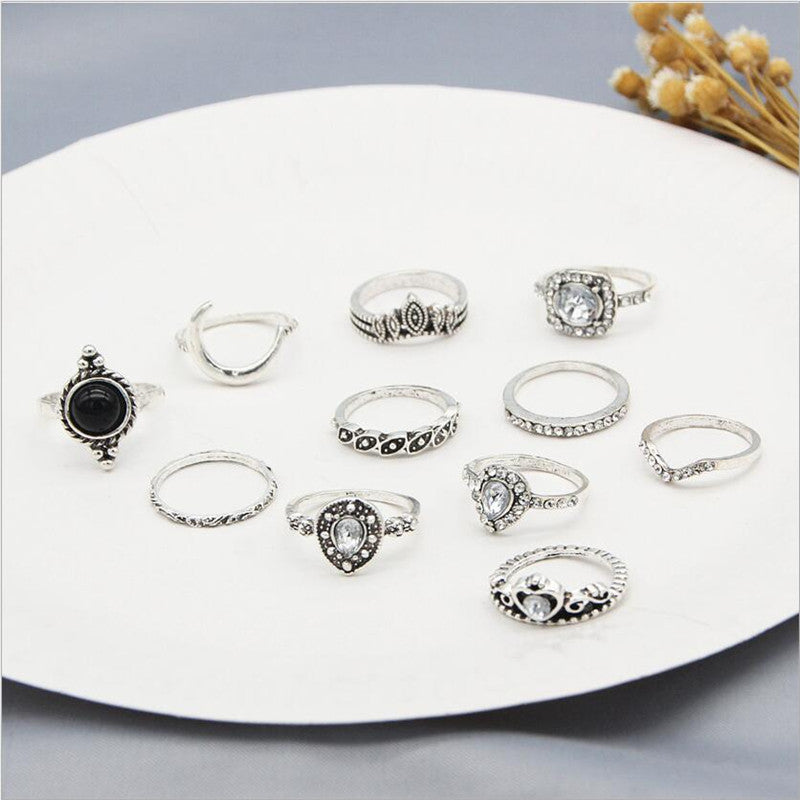 Vintage Jewelry Black Boho Gem Ring 11 Piece Set