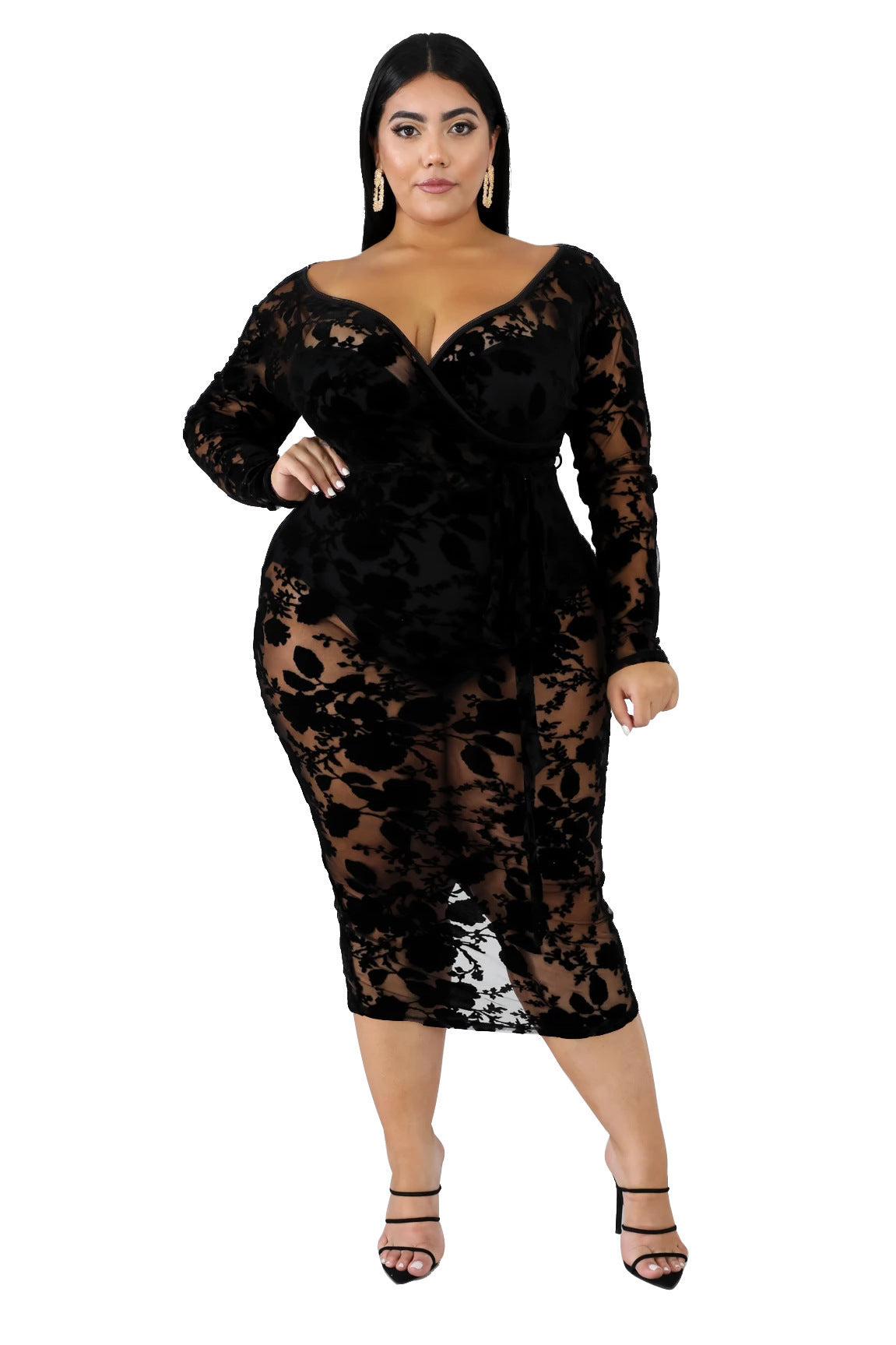 Sexy Women’s V Neck Lace Sheer Plus Size Bodycon Nightclub Dress