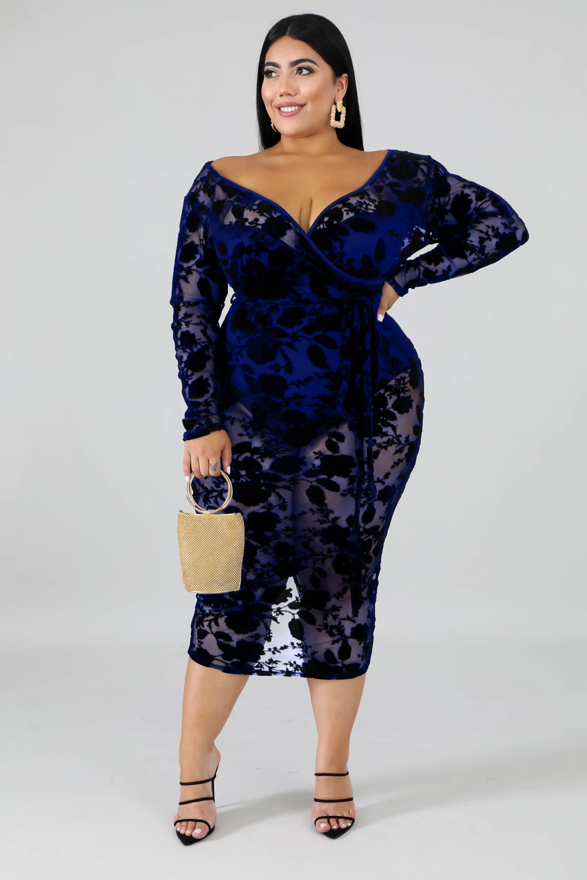 Sexy Women’s V Neck Lace Sheer Plus Size Bodycon Nightclub Dress