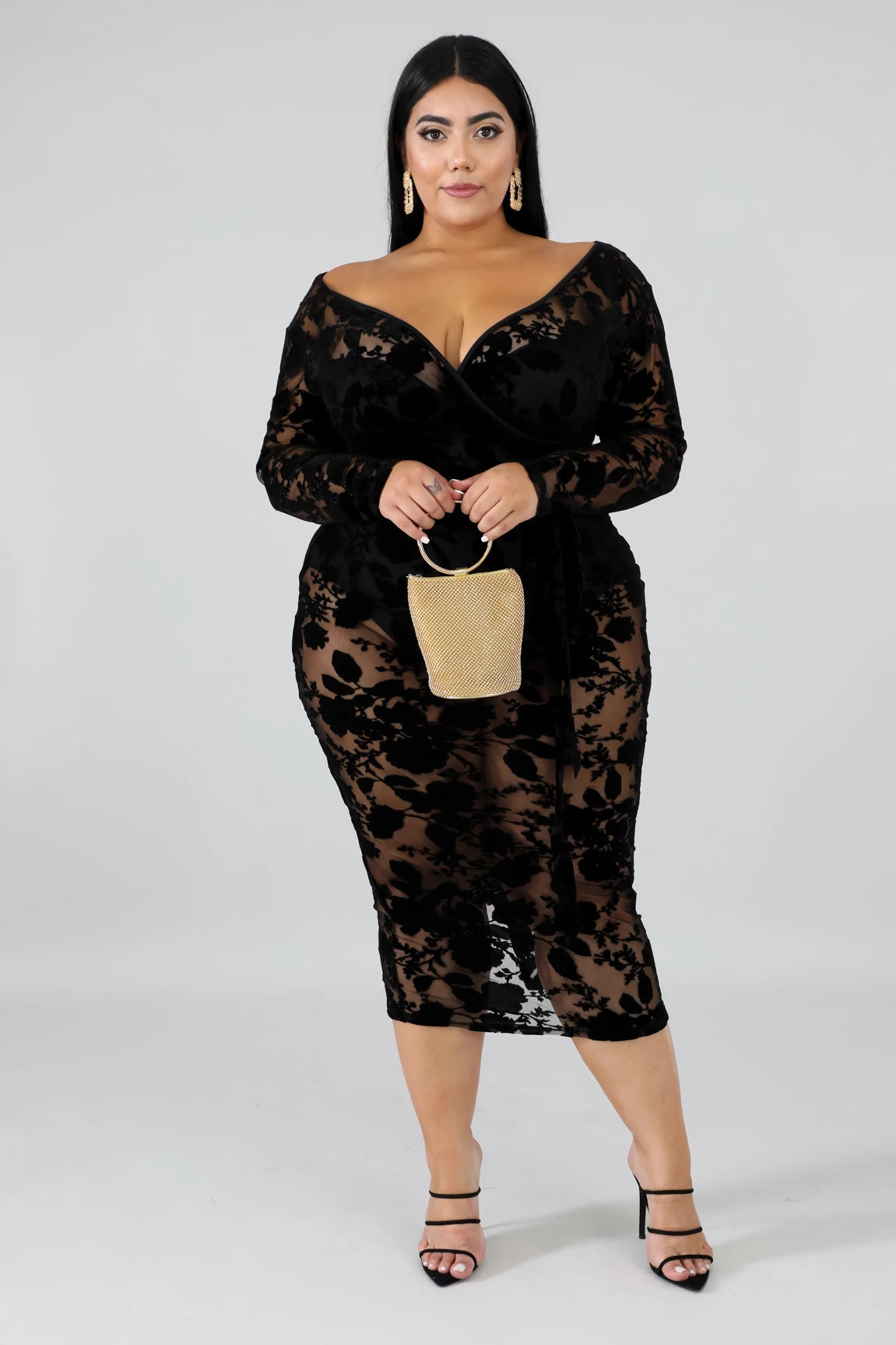 Sexy Women’s V Neck Lace Sheer Plus Size Bodycon Nightclub Dress