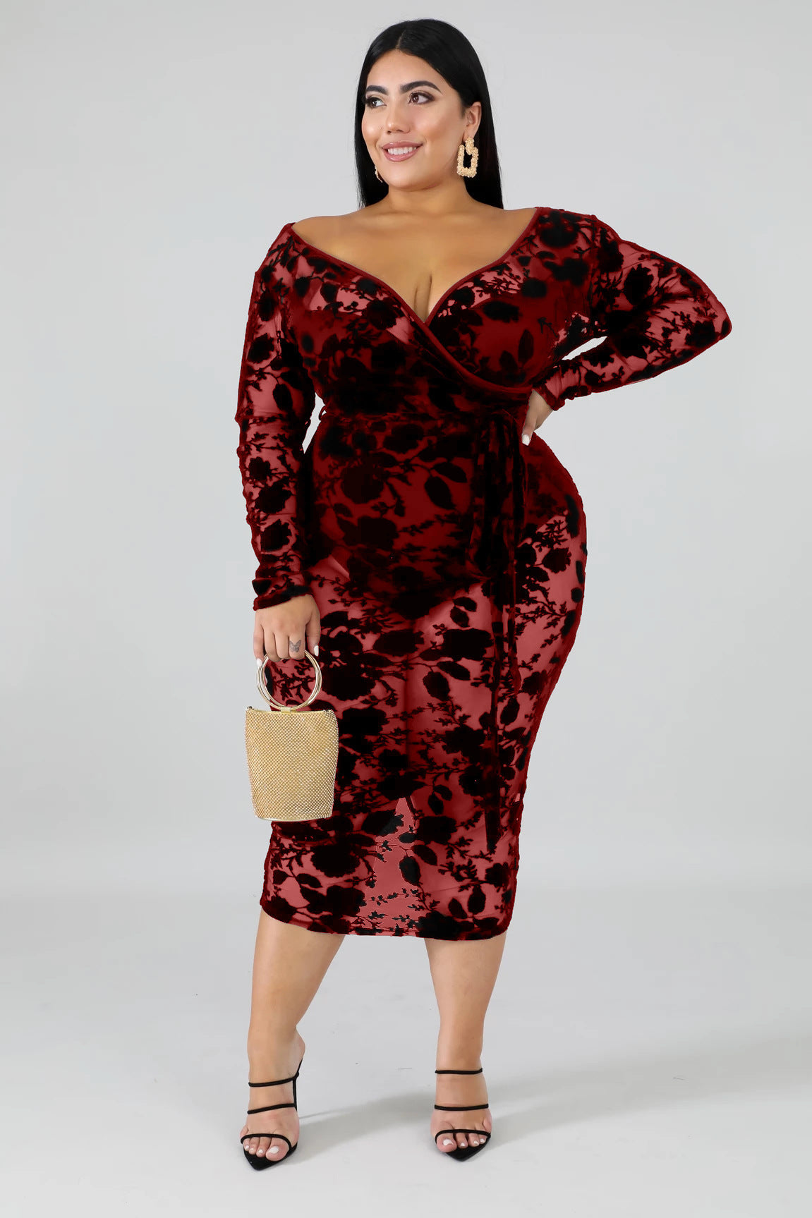 Sexy Women’s V Neck Lace Sheer Plus Size Bodycon Nightclub Dress