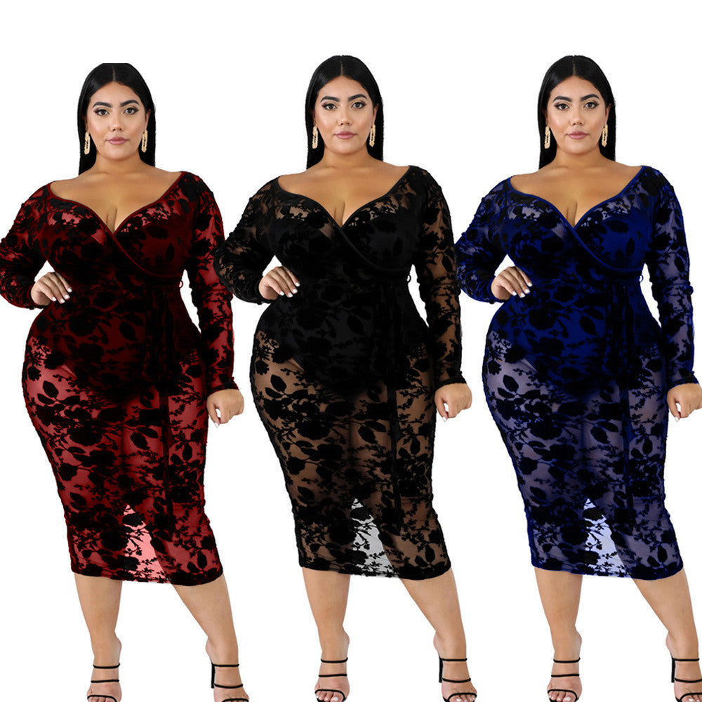 Sexy Women’s V Neck Lace Sheer Plus Size Bodycon Nightclub Dress