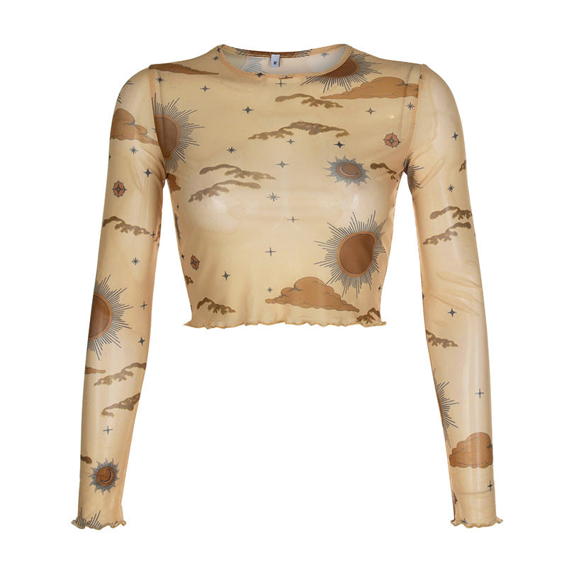 In The Wind Sheer Mesh Sun And Moon Print Long-Sleeved Cropped T-Shirt