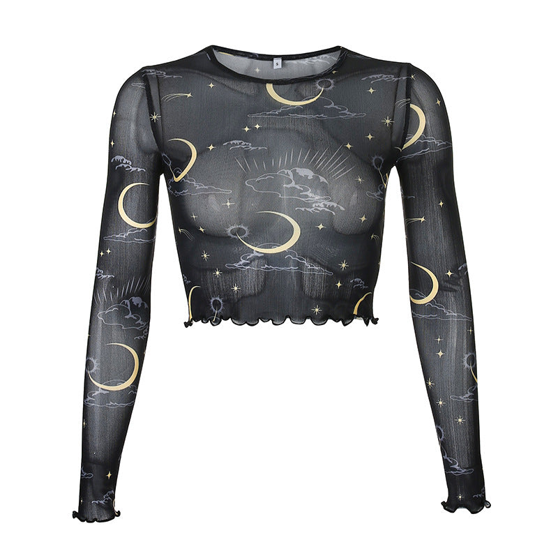 In The Wind Sheer Mesh Sun And Moon Print Long-Sleeved Cropped T-Shirt