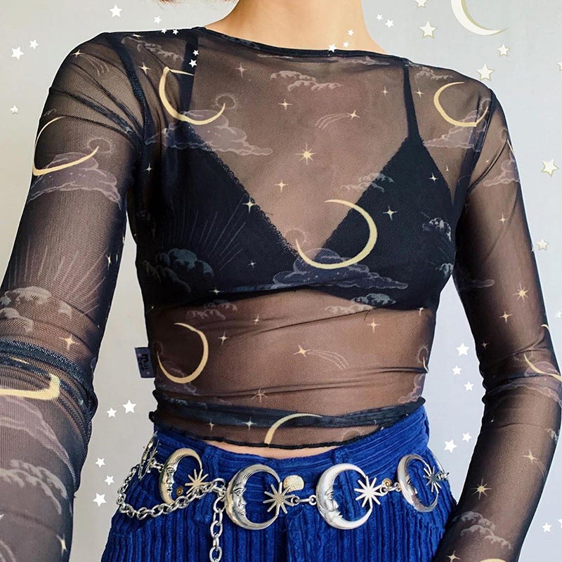 In The Wind Sheer Mesh Sun And Moon Print Long-Sleeved Cropped T-Shirt