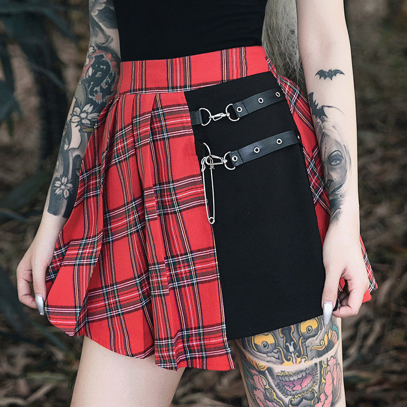 Goth Pleated Short Schoolgirl Split Color Block Plaid Skirt