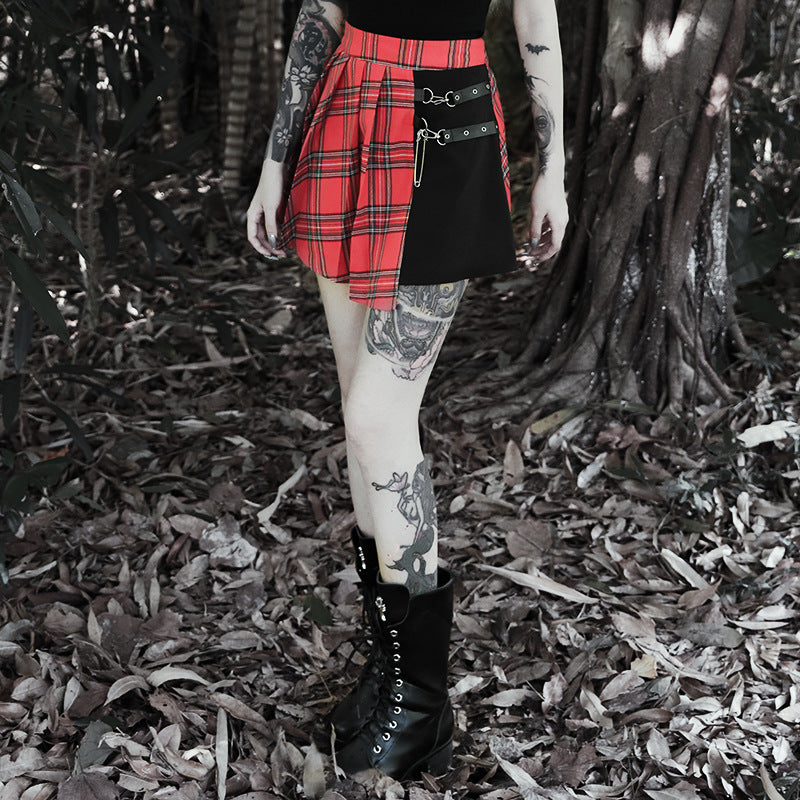 Goth Pleated Short Schoolgirl Split Color Block Plaid Skirt