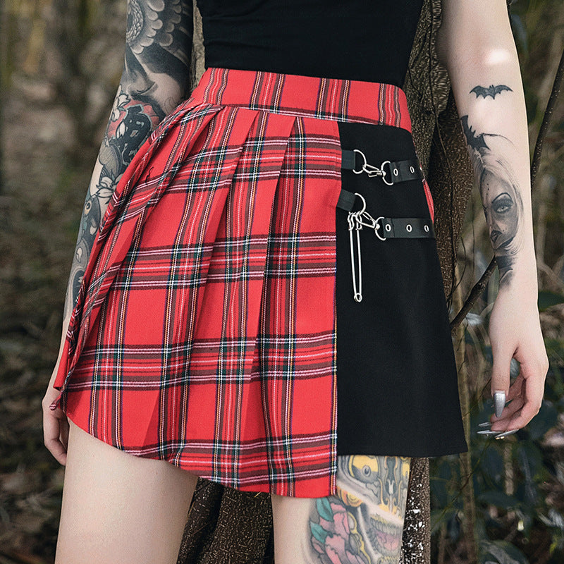 Goth Pleated Short Schoolgirl Split Color Block Plaid Skirt