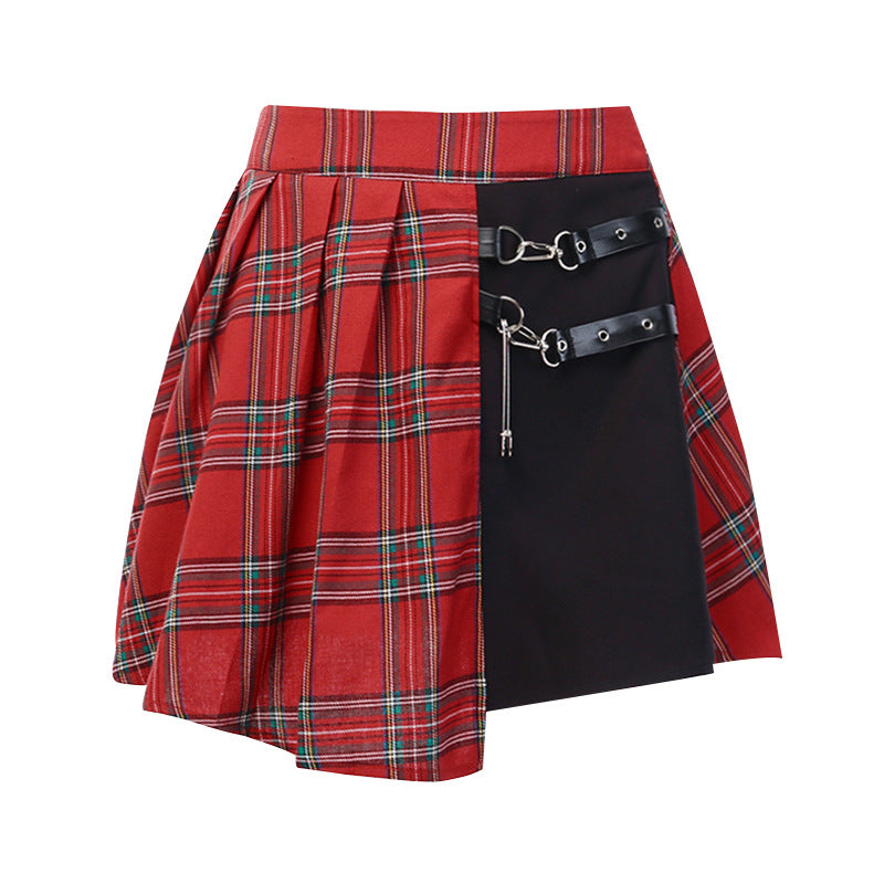 Goth Pleated Short Schoolgirl Split Color Block Plaid Skirt