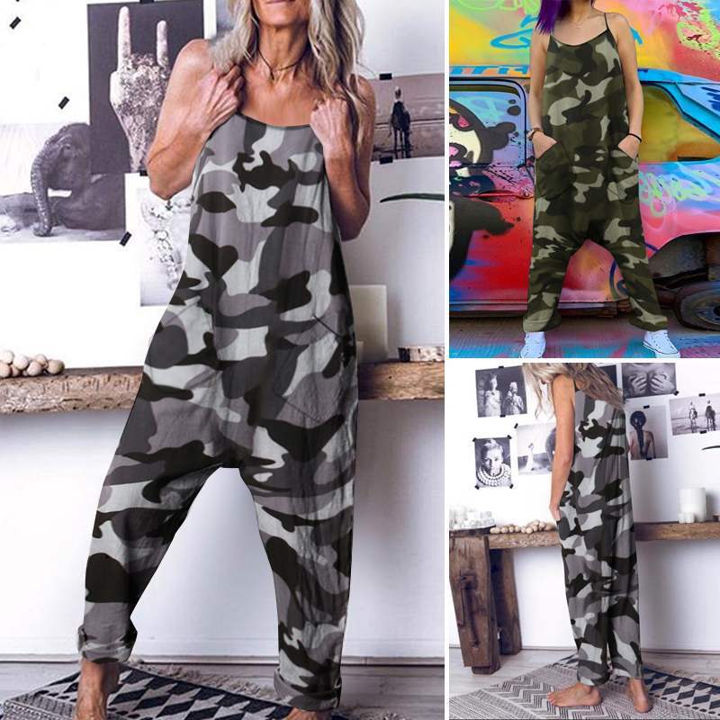 Summer Sleeveless Casual Loose Camouflage Printed Jumpsuit Harem Pants