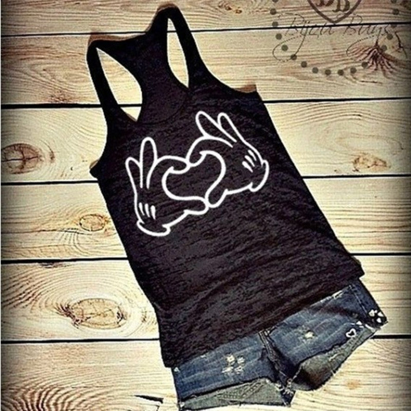 Racer Back Heart Hands Casual Graphic Print Tank Top