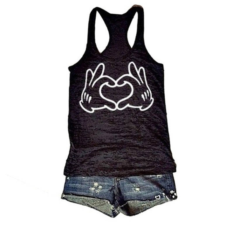 Racer Back Heart Hands Casual Graphic Print Tank Top