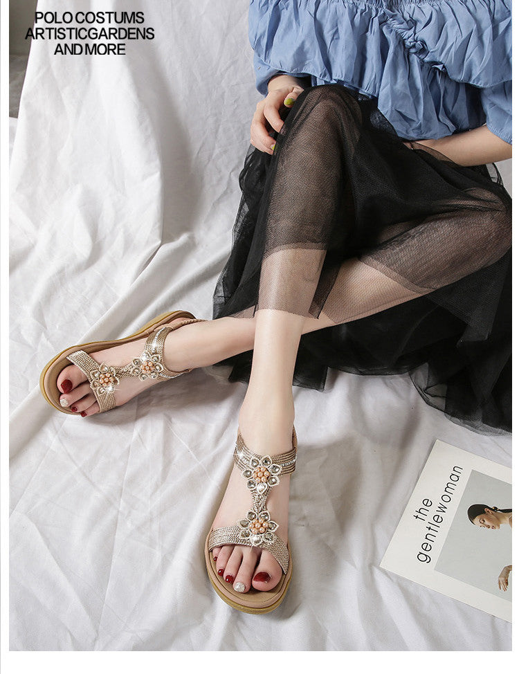 Boho Style Flat FLower Rhinestone Sandals