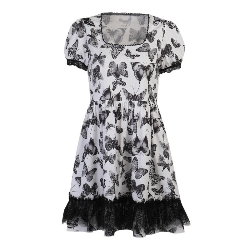 Dark Butterfly Puff Sleeve Layered Tiered Ruffle Lace Trim Dress (Without Belt)