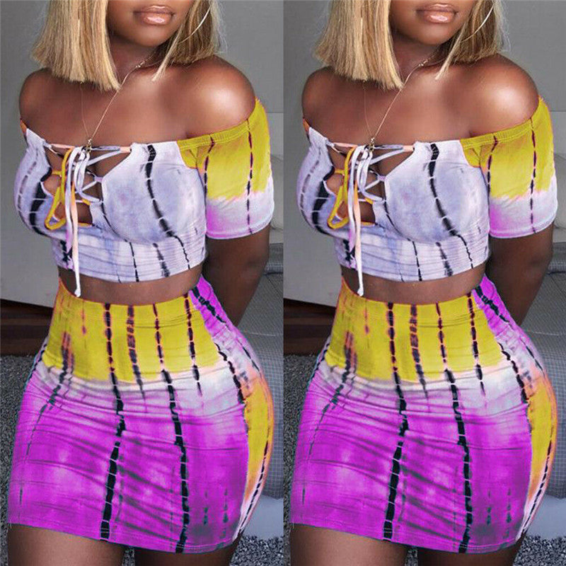 Sexy Women’s Tie Dye Gradient Off The Shoulder Quarter Sleeve Lace Up V Neck And Micro Mini Skirt Two Piece Outfit Set