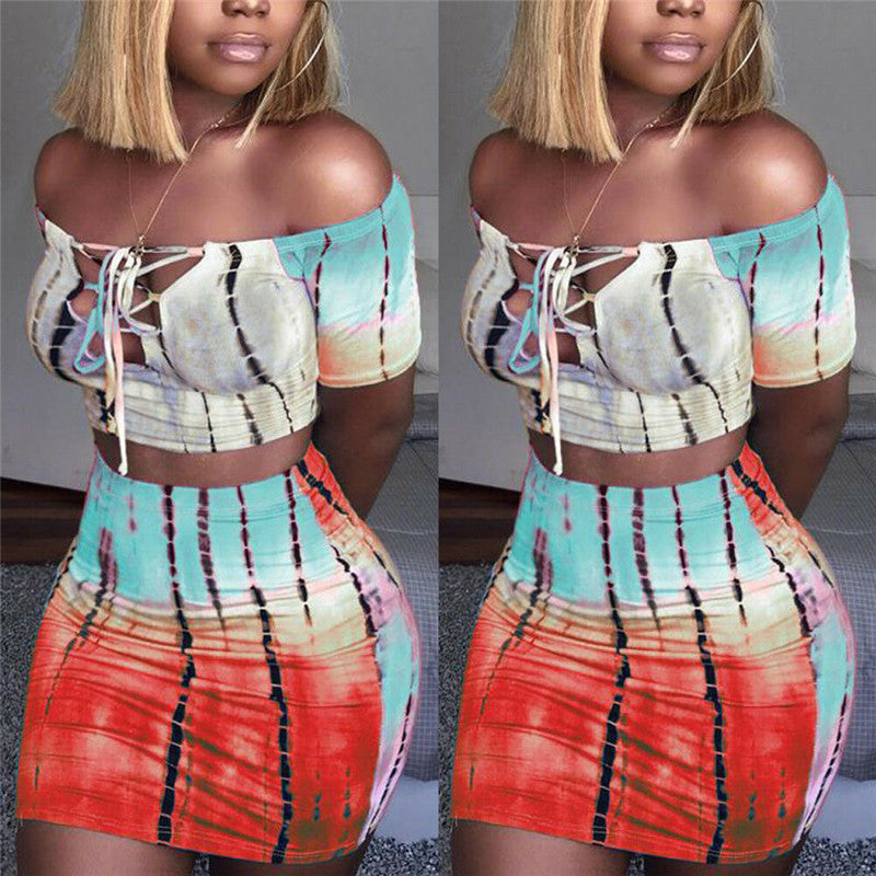 Sexy Women’s Tie Dye Gradient Off The Shoulder Quarter Sleeve Lace Up V Neck And Micro Mini Skirt Two Piece Outfit Set