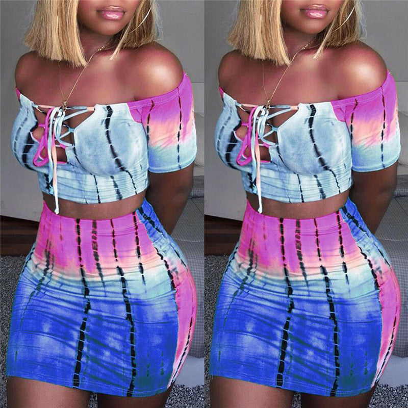 Sexy Women’s Tie Dye Gradient Off The Shoulder Quarter Sleeve Lace Up V Neck And Micro Mini Skirt Two Piece Outfit Set