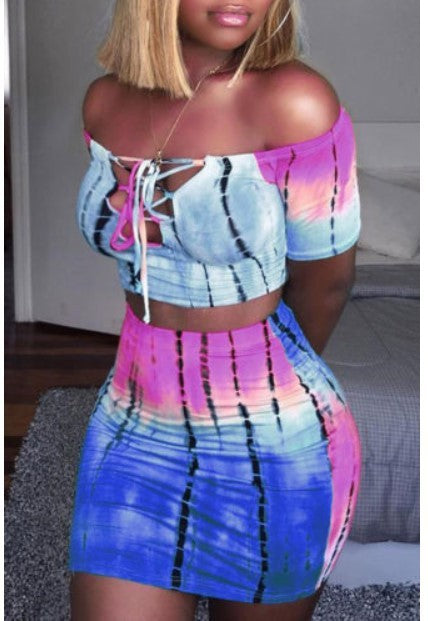 Sexy Women’s Tie Dye Gradient Off The Shoulder Quarter Sleeve Lace Up V Neck And Micro Mini Skirt Two Piece Outfit Set