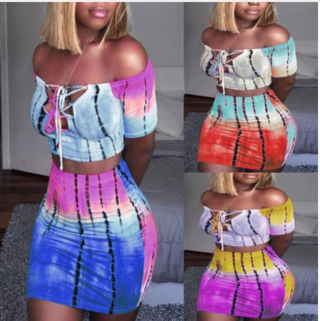 Sexy Women’s Tie Dye Gradient Off The Shoulder Quarter Sleeve Lace Up V Neck And Micro Mini Skirt Two Piece Outfit Set