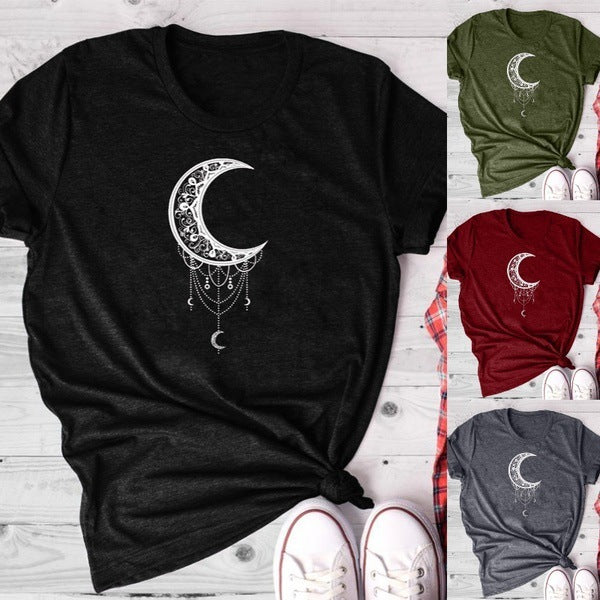 Crescent Moon Casual Round Neck Short Sleeved Graphic Print Tee Shirt